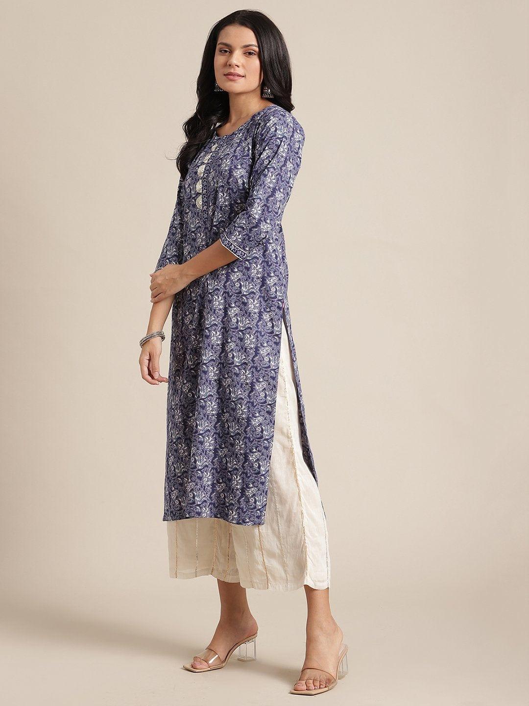 Floral Blue And White Printed Kurta With Gota Fan Work On Yoke And Gota Work On Sleeves - Indiakreations