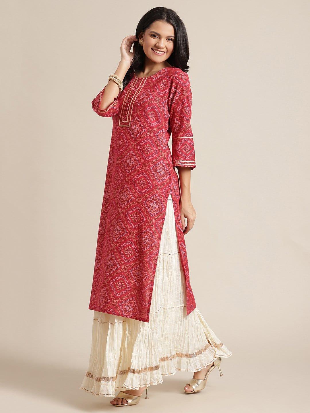 KSUT Red Bandhani Printed Kurta With Gota Work Embellishment On Yoke And Sleeves - Indiakreations