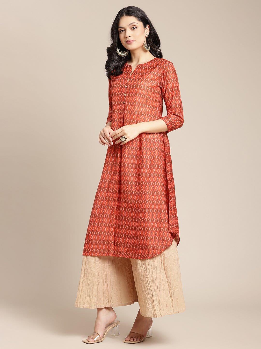 Rust Colored Round Neck Ikat Printed A-Line Kurta With3/4Th Sleeves - Indiakreations