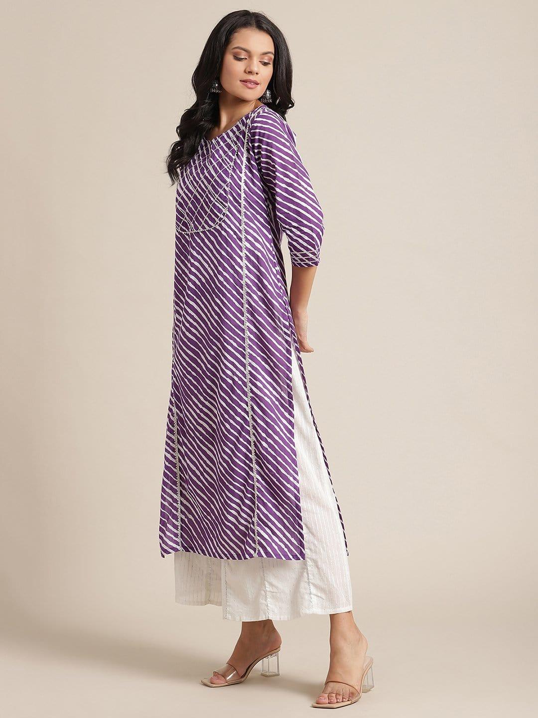 Purple leheriya printed kurta with gota embellished yoke and sleeves. - Indiakreations