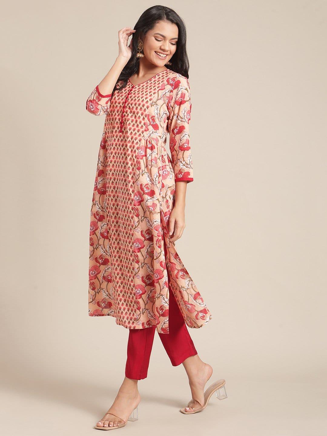 Varanga Peach And Red Floral Printed Kurta With V Neckilne And Regular Sleeves - Indiakreations