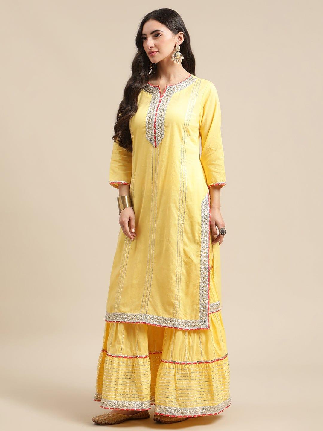 Yellow Heavy Gota Lace Embellished Kurta Sharara Set With Shibhori Dupatta - Indiakreations