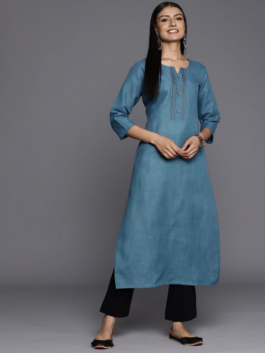 Varanga Women Blue Yoke Design Thread Work Kurta - Indiakreations