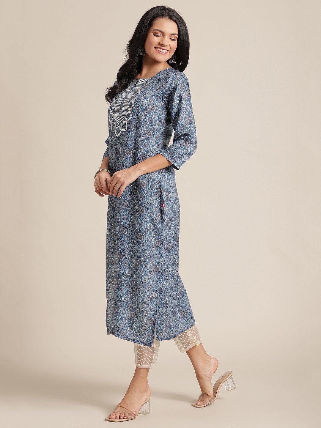 Blue Printed Kurta With Gota Embellishment On Yoke And 3/4Th Sleeves - Indiakreations