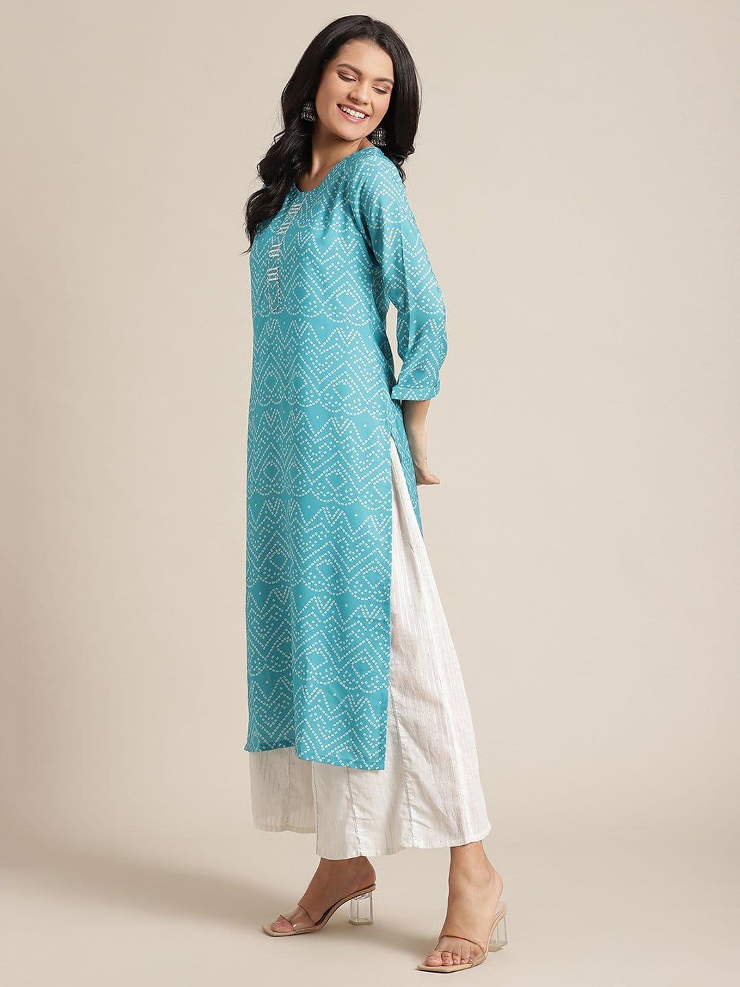 Turquoise Blue Bandhani Printed Kurta With Gota Embellished Yoke And Sleeves - Indiakreations