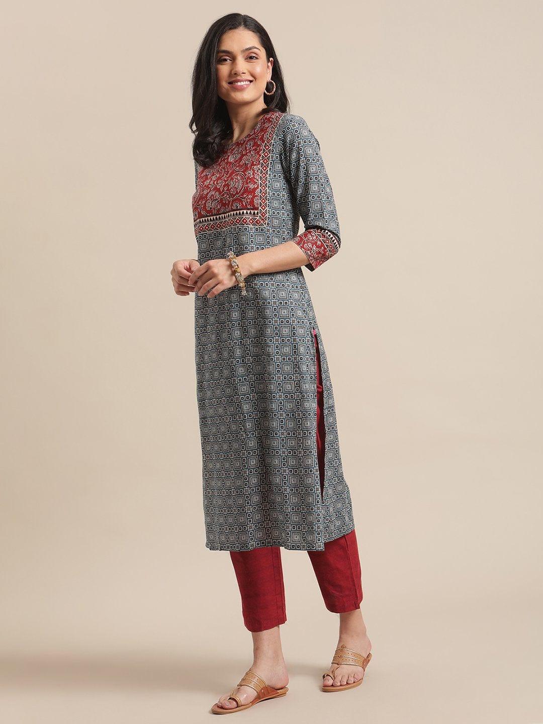 Blue And Maroon Printed Round Neck Straight Kurta With Contrast Printed Yoke And 3/4Th Regular Sleeves - Indiakreations