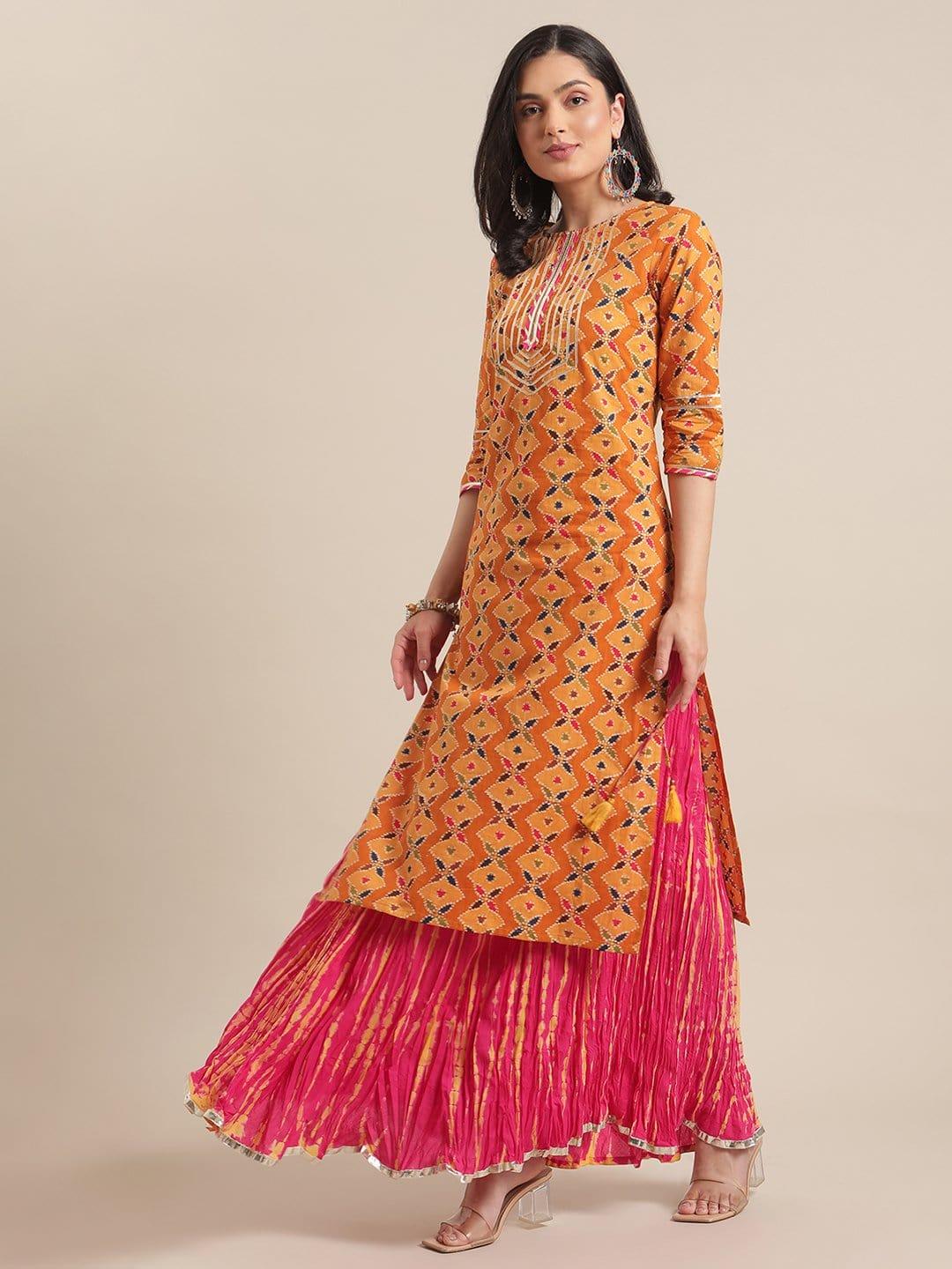 Mustard Abstract Printed Kurta With Gota Lace Embellished Yoke - Indiakreations