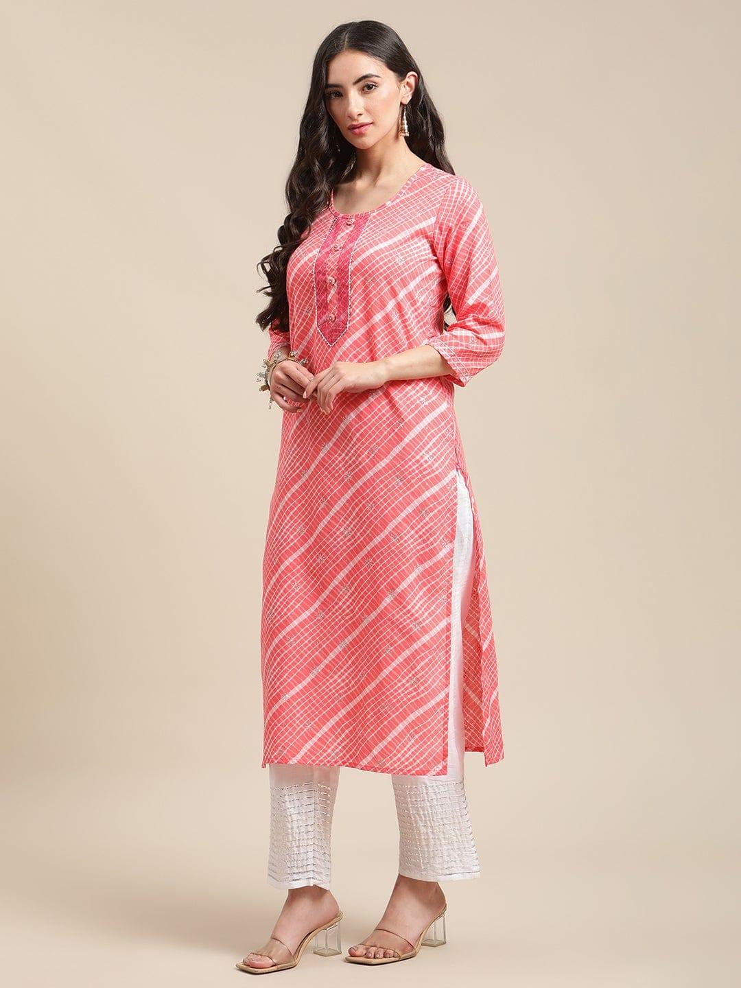 Peach And White Leheriya Striped Kurta With Gota And Thread Embroidery On Yoke - Indiakreations