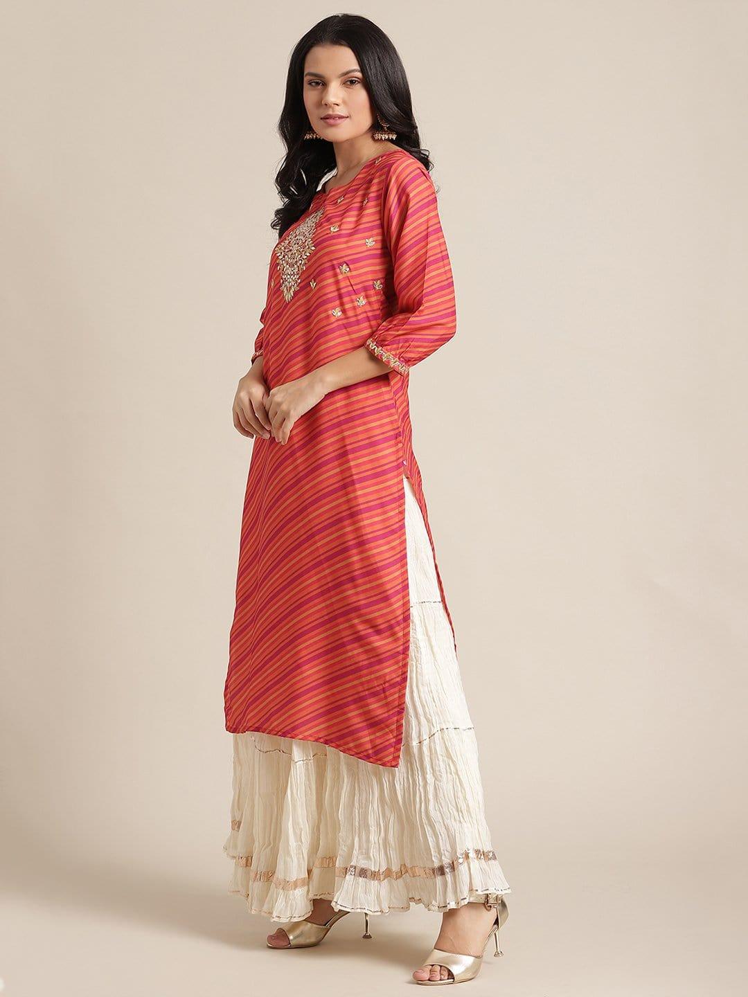 KSUT Ksut Orange Leheriya Kurta With Gota Patti,Zari And Silk Threads Embroidery On Yoke - Indiakreations