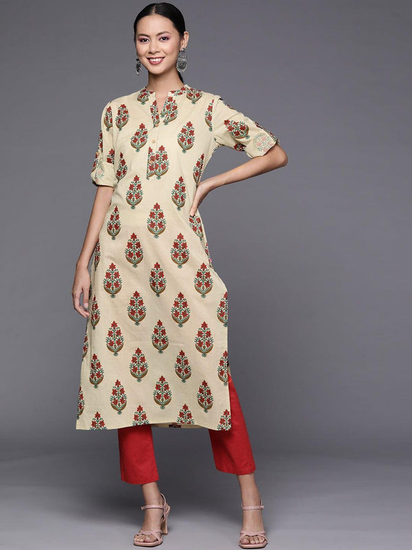 Varanga Women Beige & Red Ethnic Motifs Printed Pure Cotton Kurta - Indiakreations