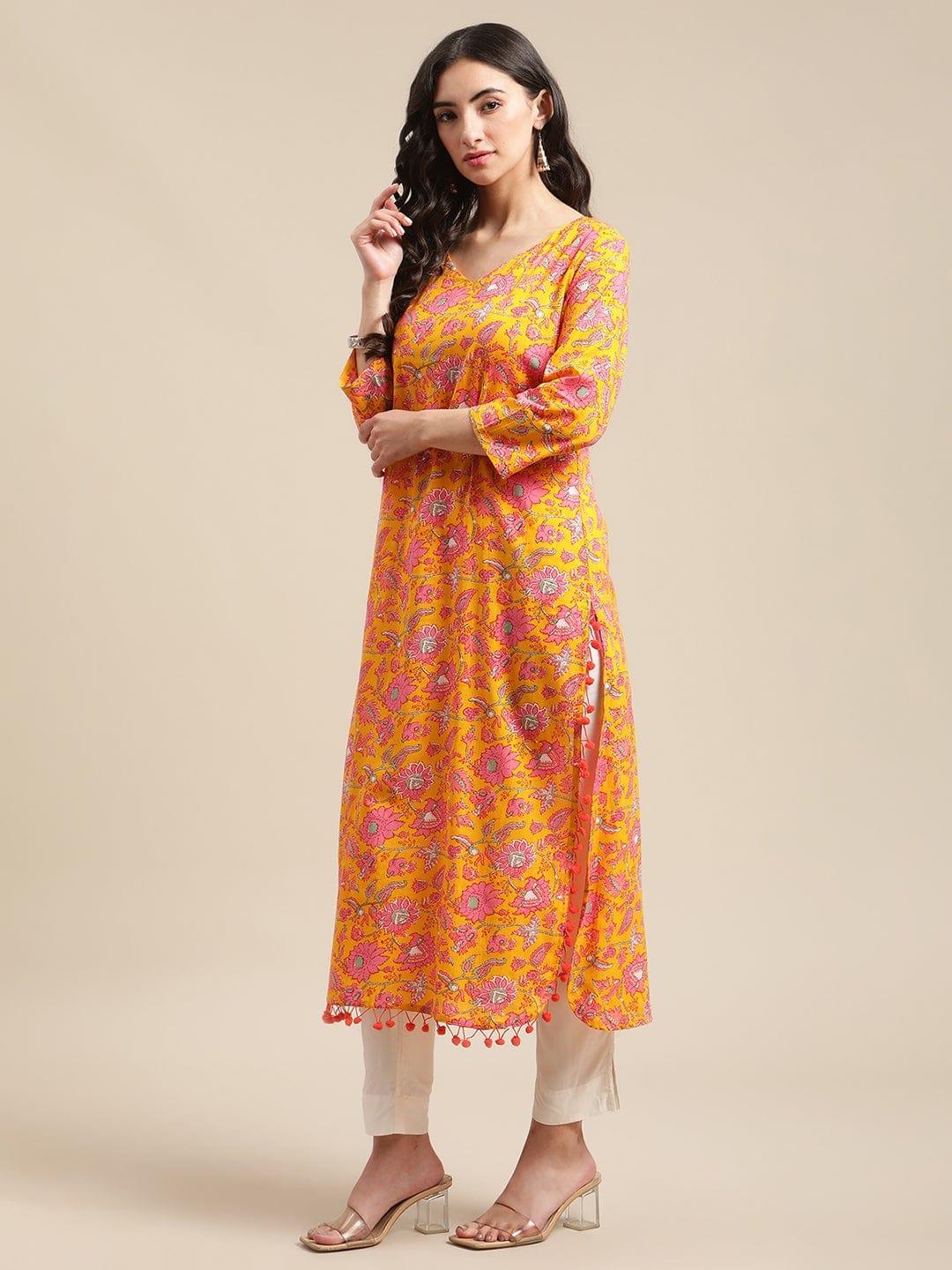 Mustard Floral Printed Kurta With Pom Pom Lace Embellishments On Hemlines - Indiakreations