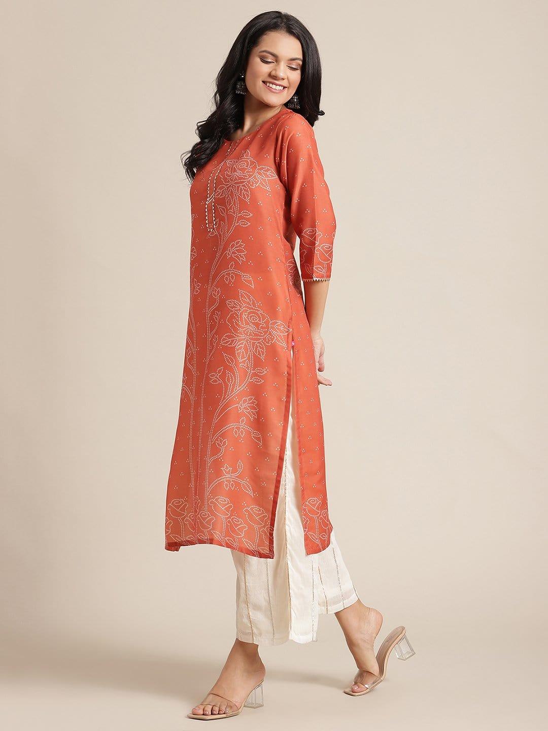 Orange And Off White Bandhani Print Kurta With Gota Embellishment On Yoke And Sleeves - Indiakreations