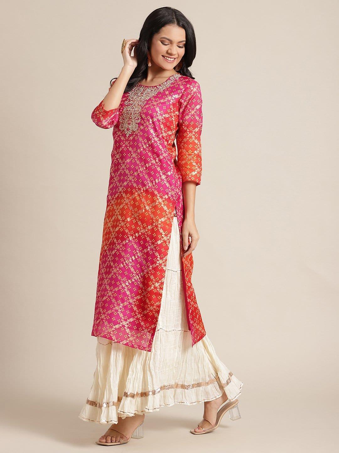 KSUT Pink Bandhej Foil Printed Kurta With Dori And Zari Embroidery On Yoke - Indiakreations