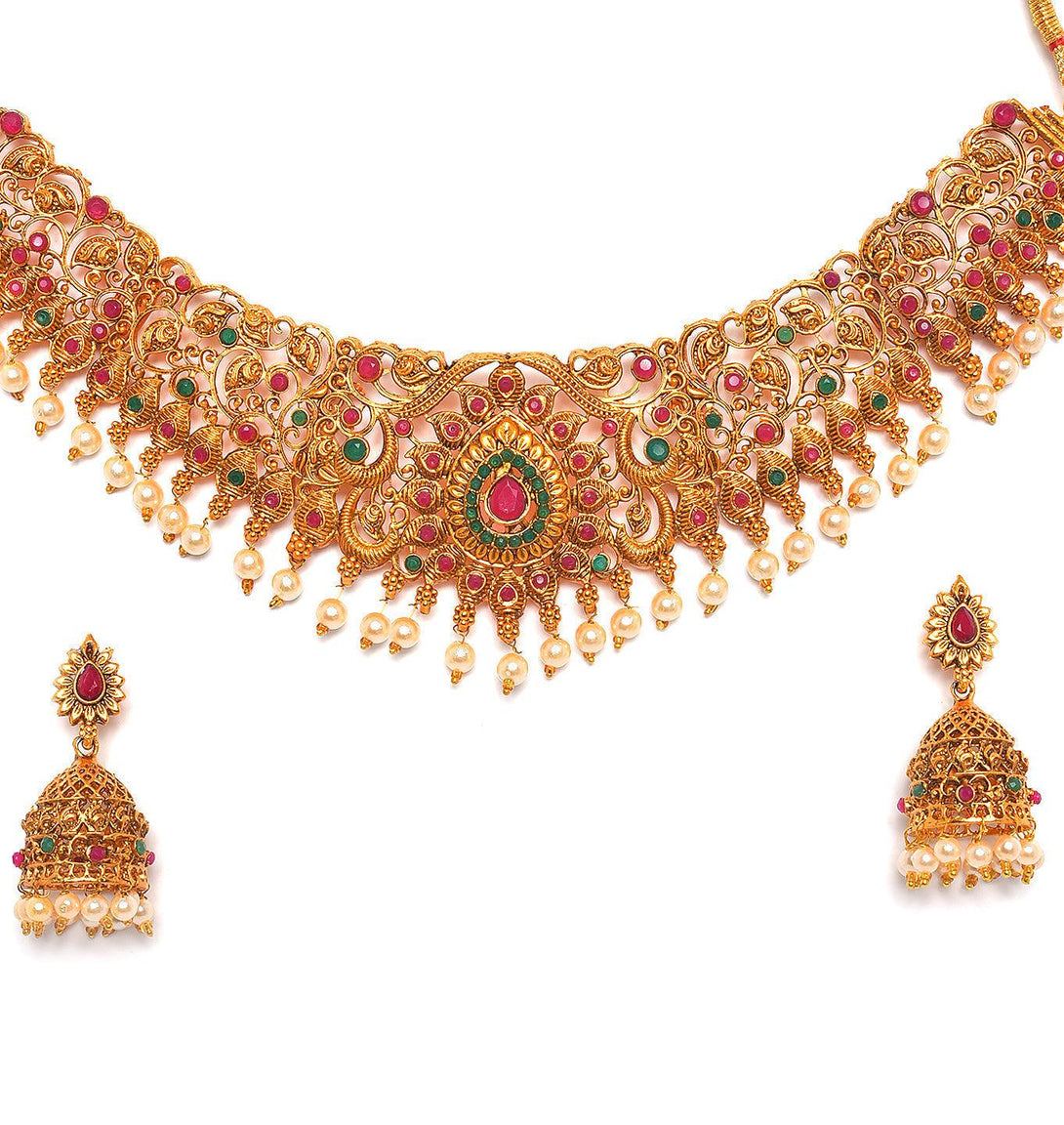 Women's Gold-Toned Pink & Green Stone-Studded, Beaded Handcrafted Jewellery Set - Jazz And Sizzle - Indiakreations