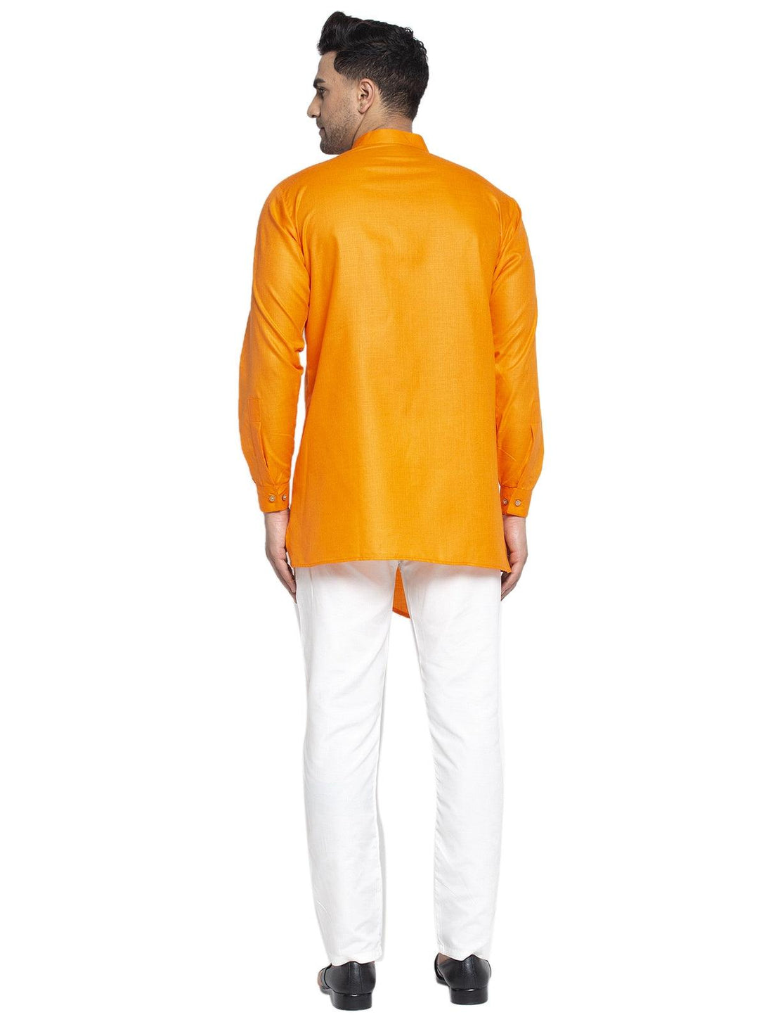 Men's Cotton Orange Asymmetric Solid Kurta With White Trousers - Benstoke - Indiakreations