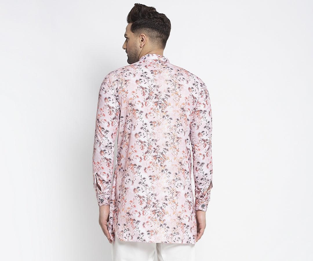 Men's Pink & Multi Asymmetric Printed Short Kurta - Benstoke - Indiakreations