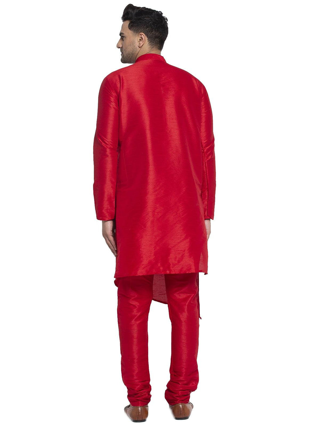 Men's Red Solid Asymmetric Kurta With Churidaar Pyjama - Benstoke - Indiakreations