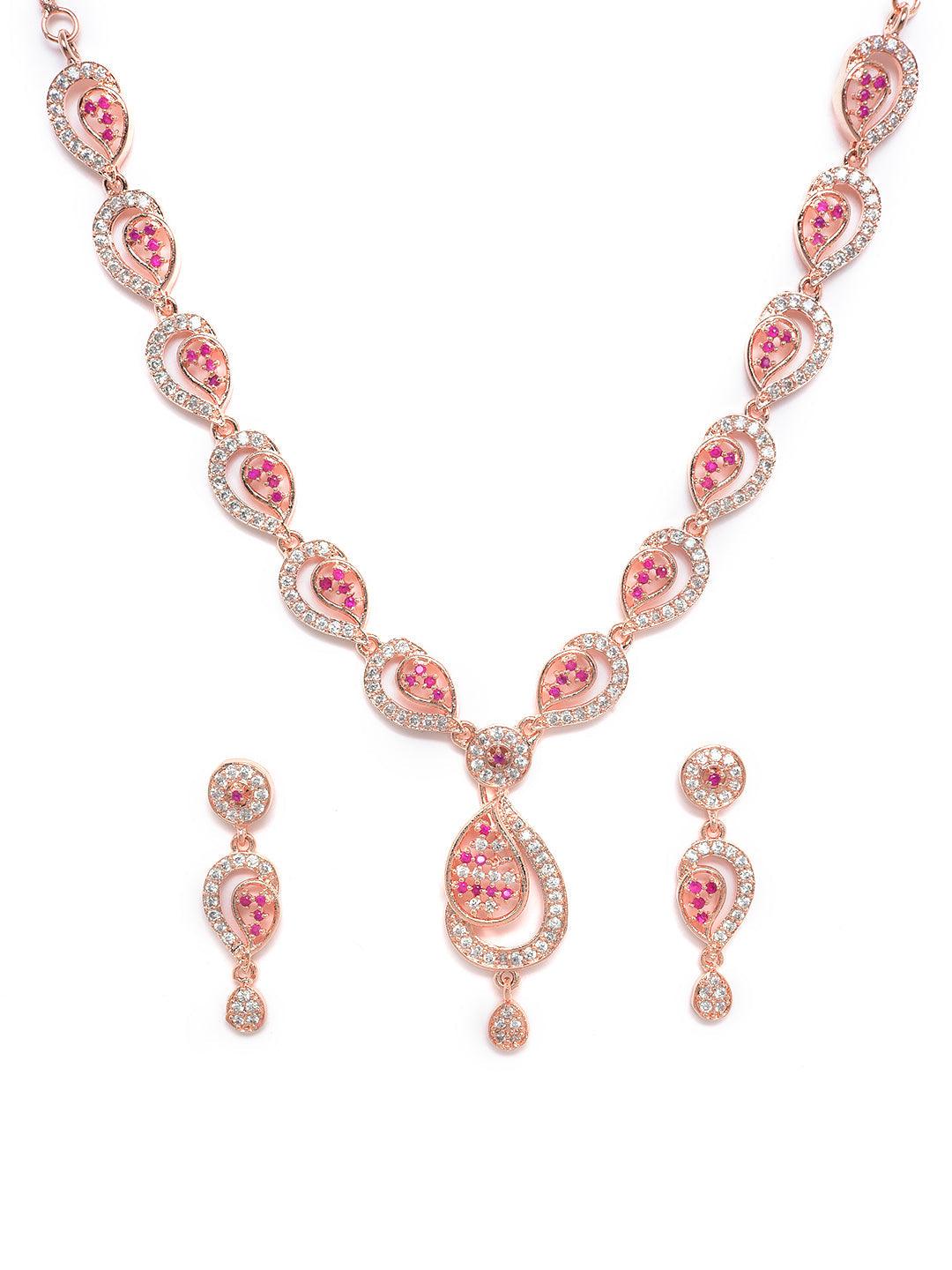 Women's Rose Gold-Plated Ruby AD-Studded Handcrafted Floral Jewellery Set - Jazz And Sizzle - Indiakreations