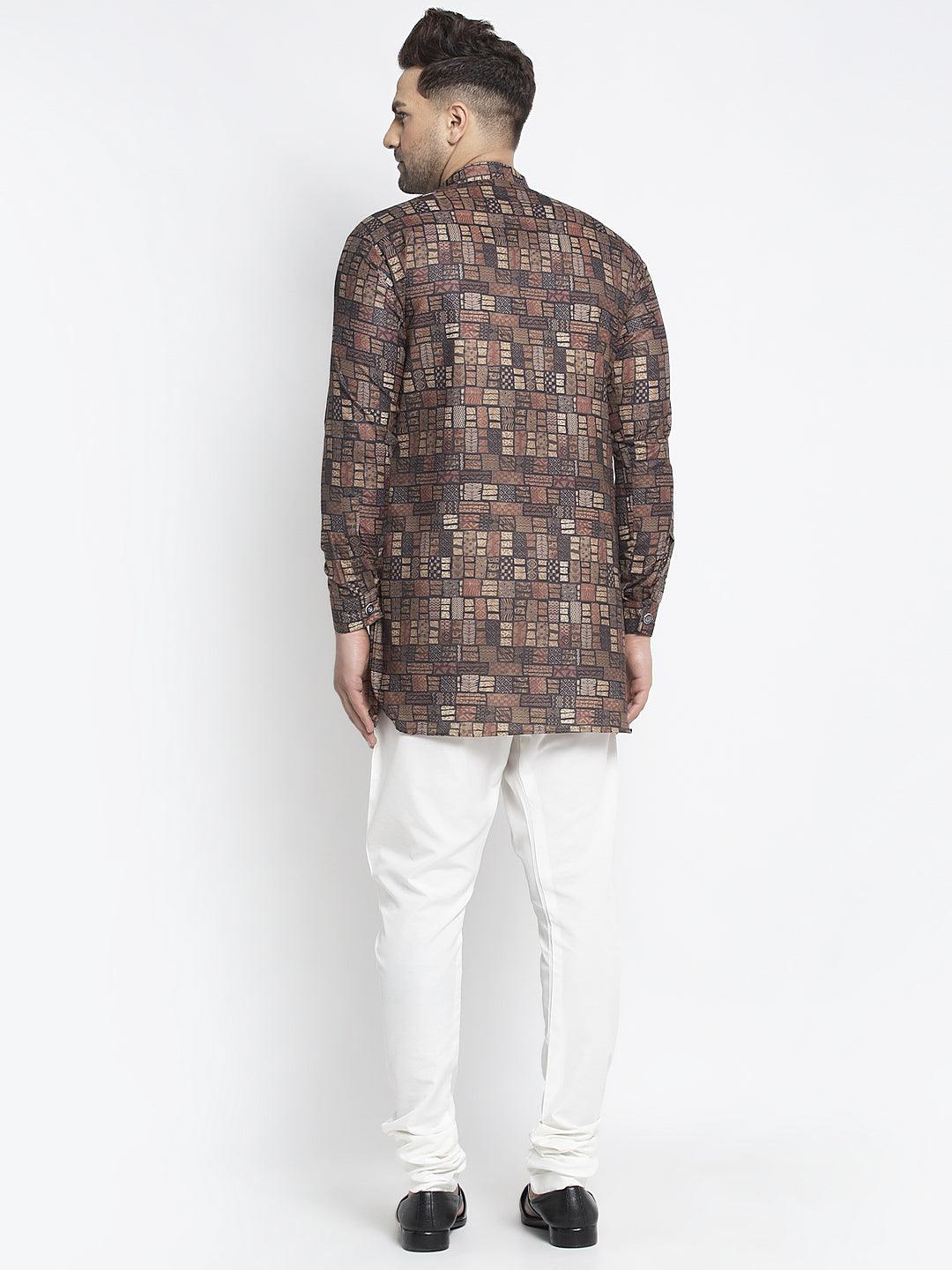 Men's Brown & Beige Printed Short Kurta With White Pyjama - Benstoke - Indiakreations