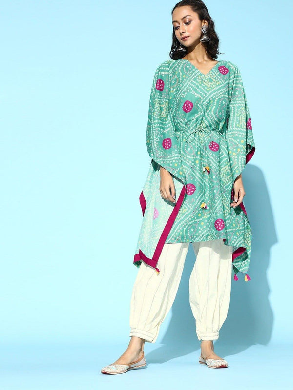 Turquoise Bandhej Printed Tassel Embellished Kaftan With Gota Work Balloon Trouser - Indiakreations