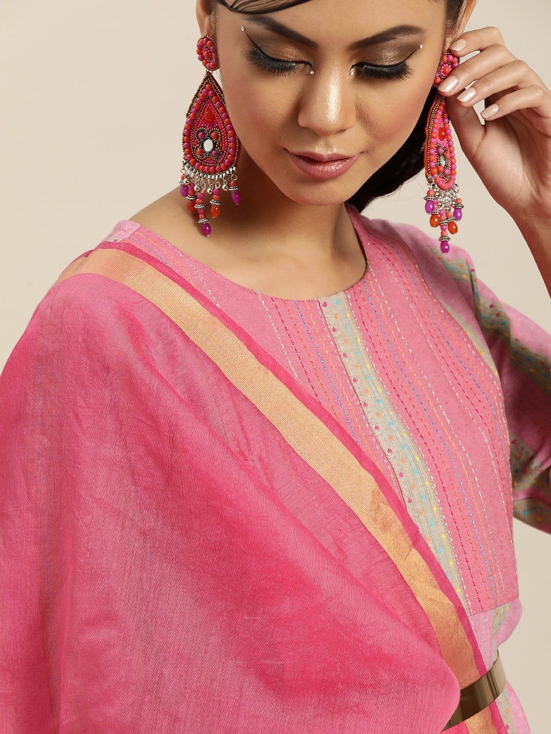 KSUT Pink And Multi Color Woven Straight Kurta With Pink Woven Trouser With Pink Silk Dupatta - Indiakreations