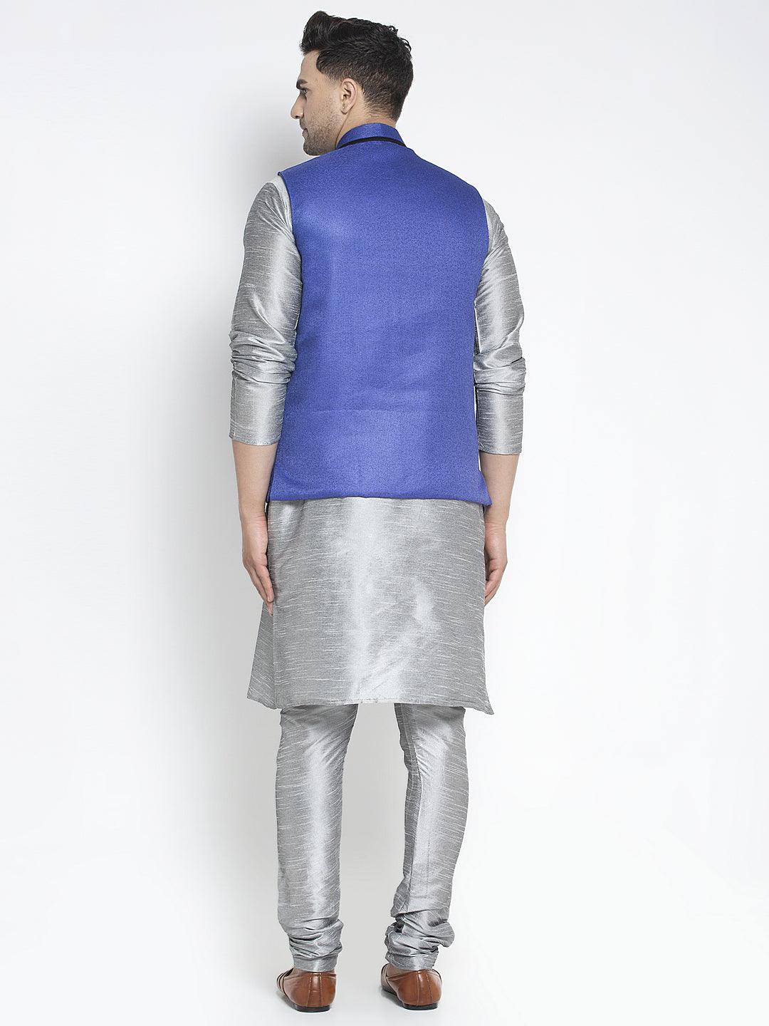 Men's Silk Blend Grey Kurta With Pyjama & Royal Blue Nehru Jacket - Benstoke - Indiakreations