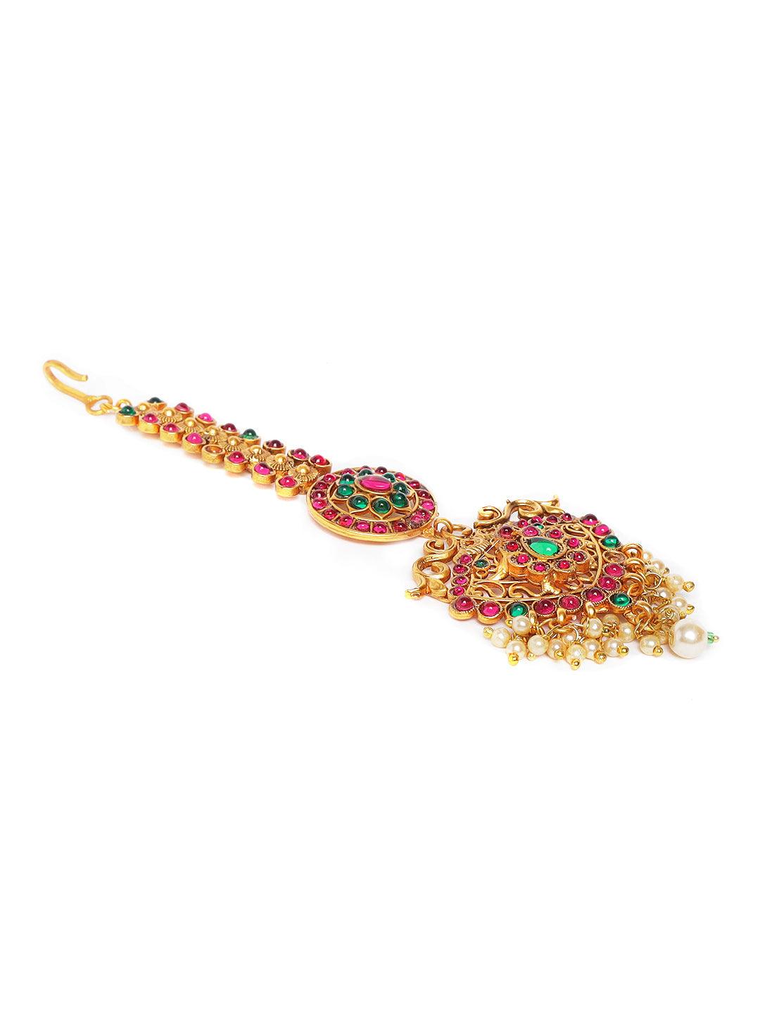 Women's Gold-Plated & Ruby & Emerald Kemp Stones Pearls Maang Tikka - Jazz and Sizzle - Indiakreations