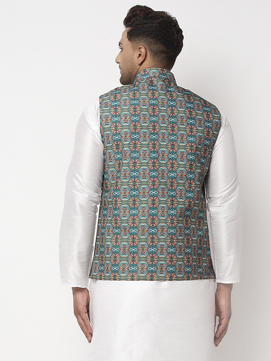 Men's Teal Blue & Multi Printed Nehru Jacket - Benstoke - Indiakreations