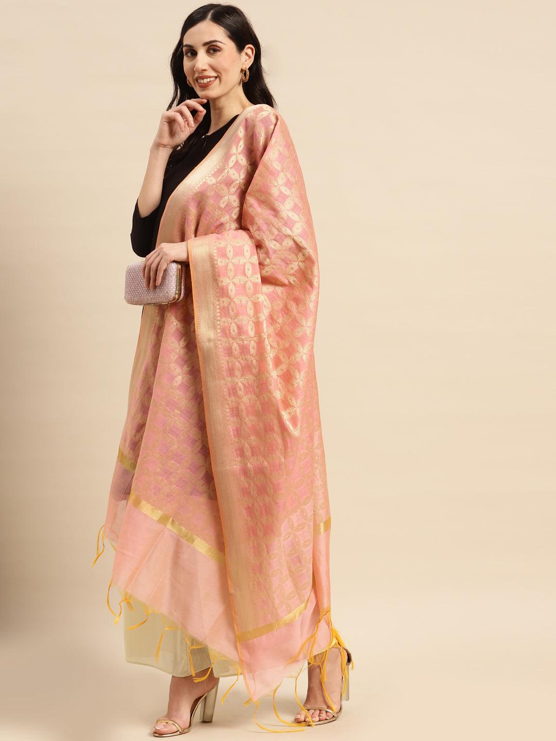 Women's Pink Color Ethnic Motifs Woven Design Dupatta With Zari - Varanasi - Indiakreations