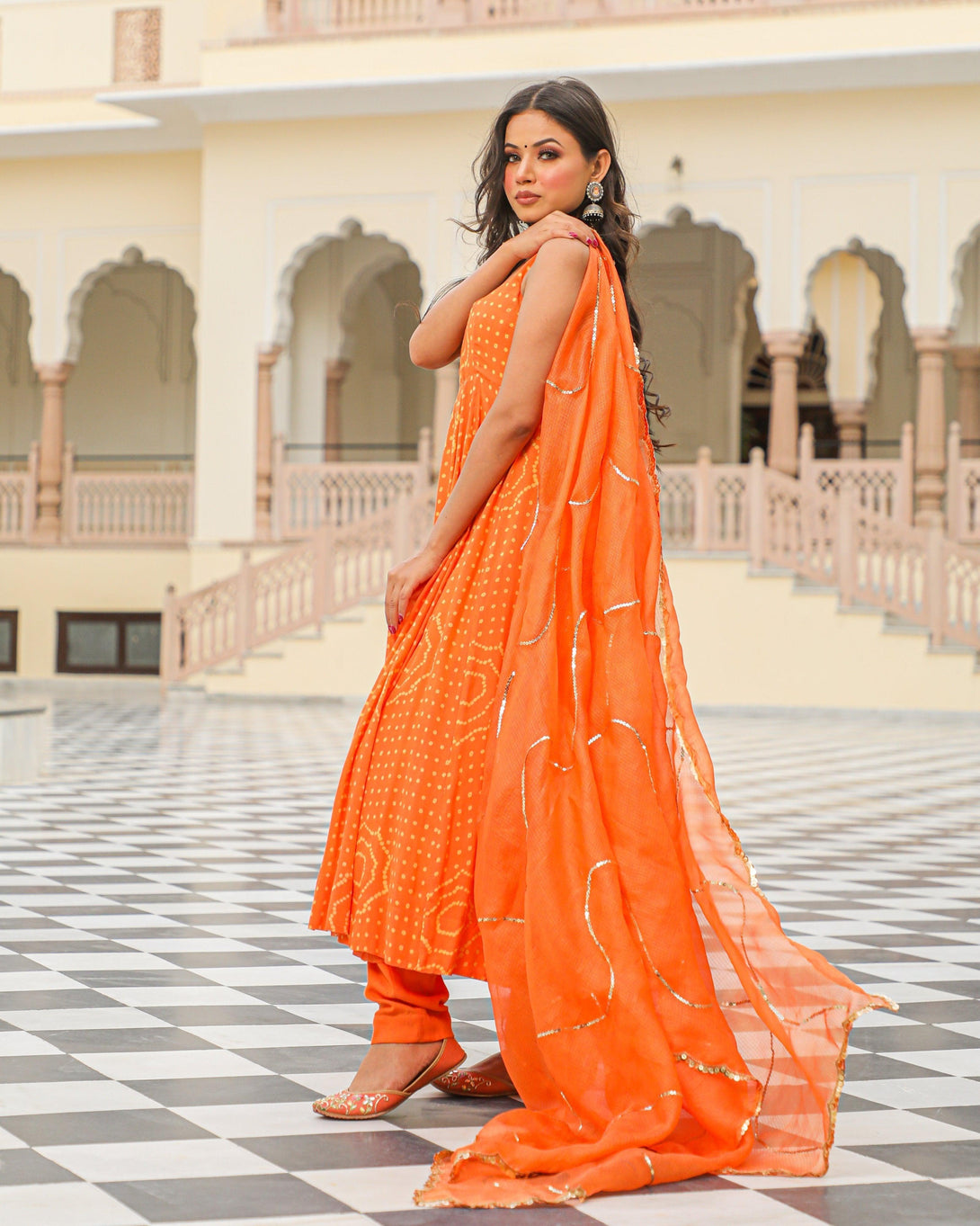 Women's Orange Bandhej Modal Anarkali Kurta Pant Dupatta Set - Baisacrafts - Indiakreations