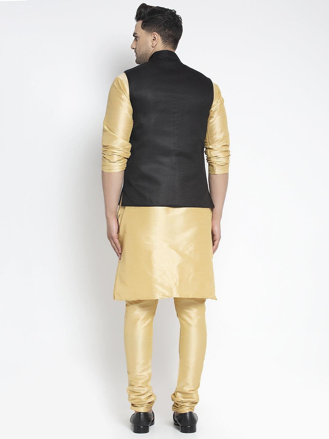 Men's Silk Blend Gold Kurta With Pyjama & Black Nehru Jacket - Benstoke - Indiakreations