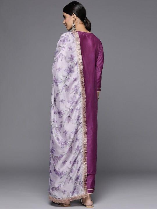 Varanga Women Purple Yoke Design Kurta with Trousers & Dupatta - Indiakreations