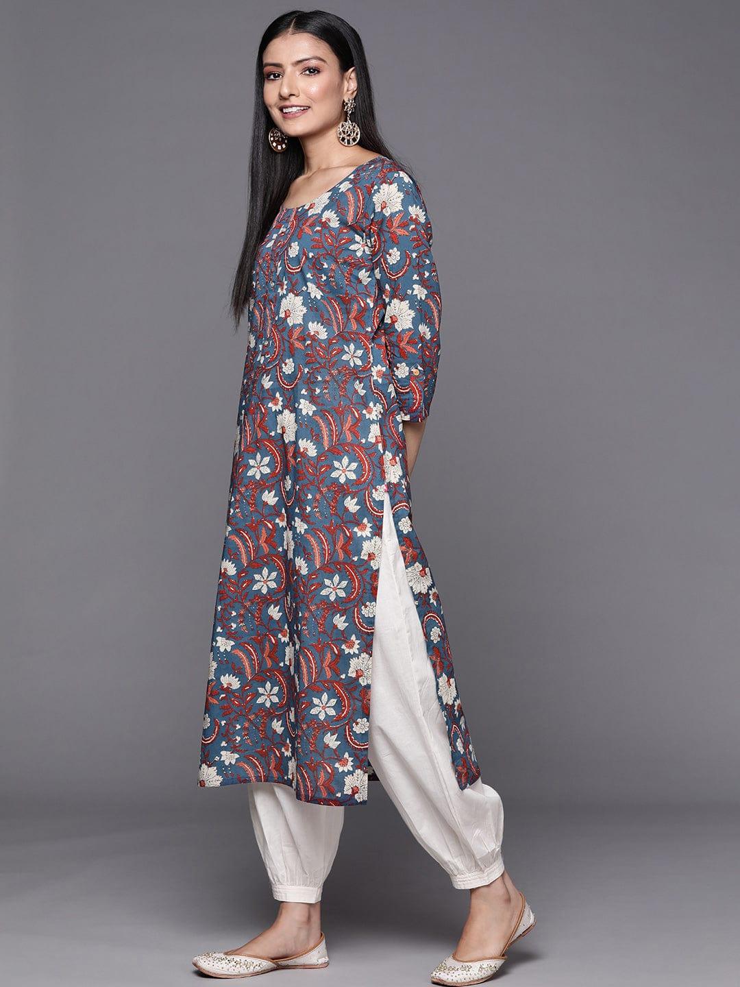 Varanga Women Blue & Maroon Floral Printed Indie Prints Kurta - Indiakreations