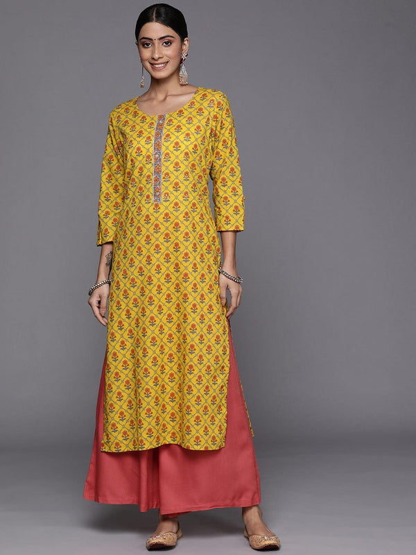 Varanga Women Yellow & Pink Ethnic Motifs Printed Sequin Cotton Kurta - Indiakreations