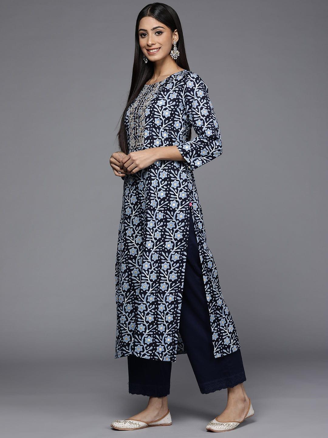 Varanga Women Navy Blue & Blue Floral Printed Zardozi Indigo Kurta - Indiakreations