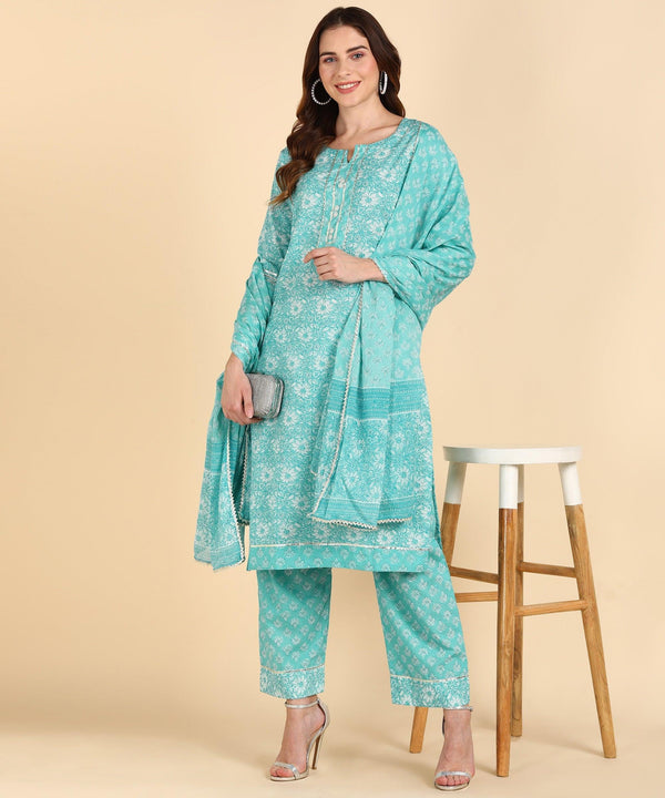 Women's Cotton Turqoise Printed Kurta Pant With Dupatta - Noz2Toz - Indiakreations