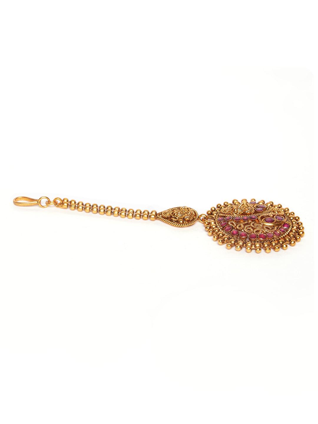 Women's Gold-Plated Maroon Studded & Beaded Handcrafted Maangtikka - Jazz and Sizzle - Indiakreations