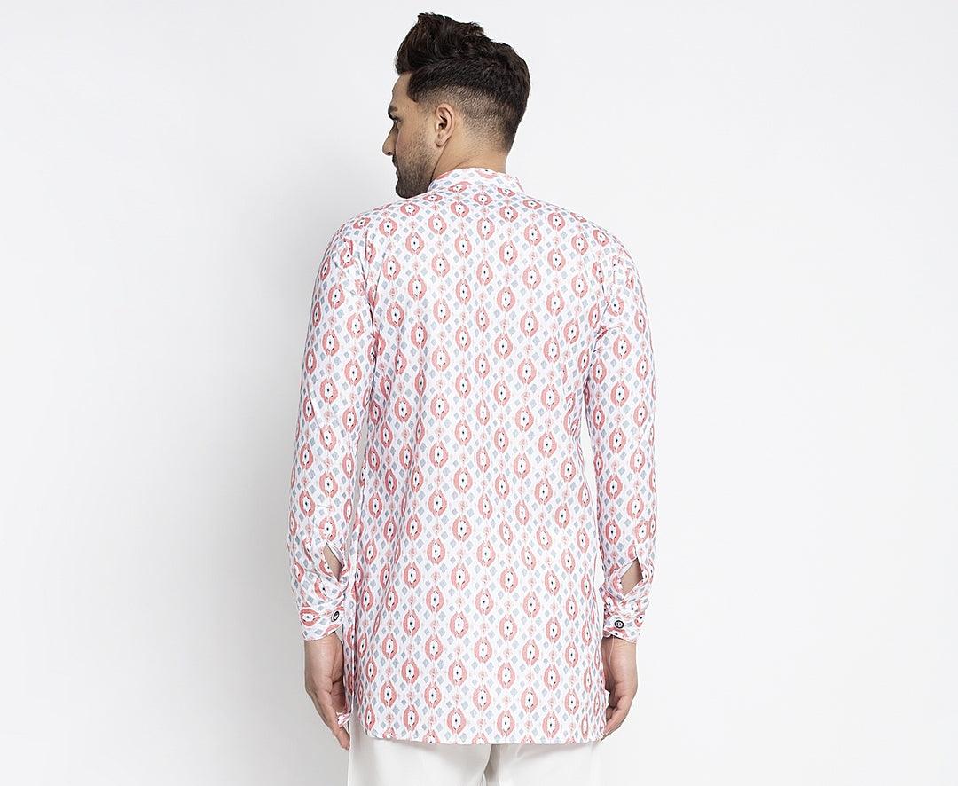 Men's White & Peach Asymmetric Printed Short Kurta - Benstoke - Indiakreations