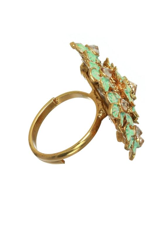 Women's Gold-Plated Turquoise Blue & White Ad-Studded Handcrafted Adjustable Finger Ring - Jazz And Sizzle - Indiakreations