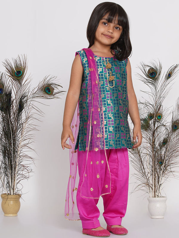 Girl's Bird Print Banarsi Kurta With Salwar And Dupatta - Peacock Green And Rani - Little Bansi Girls