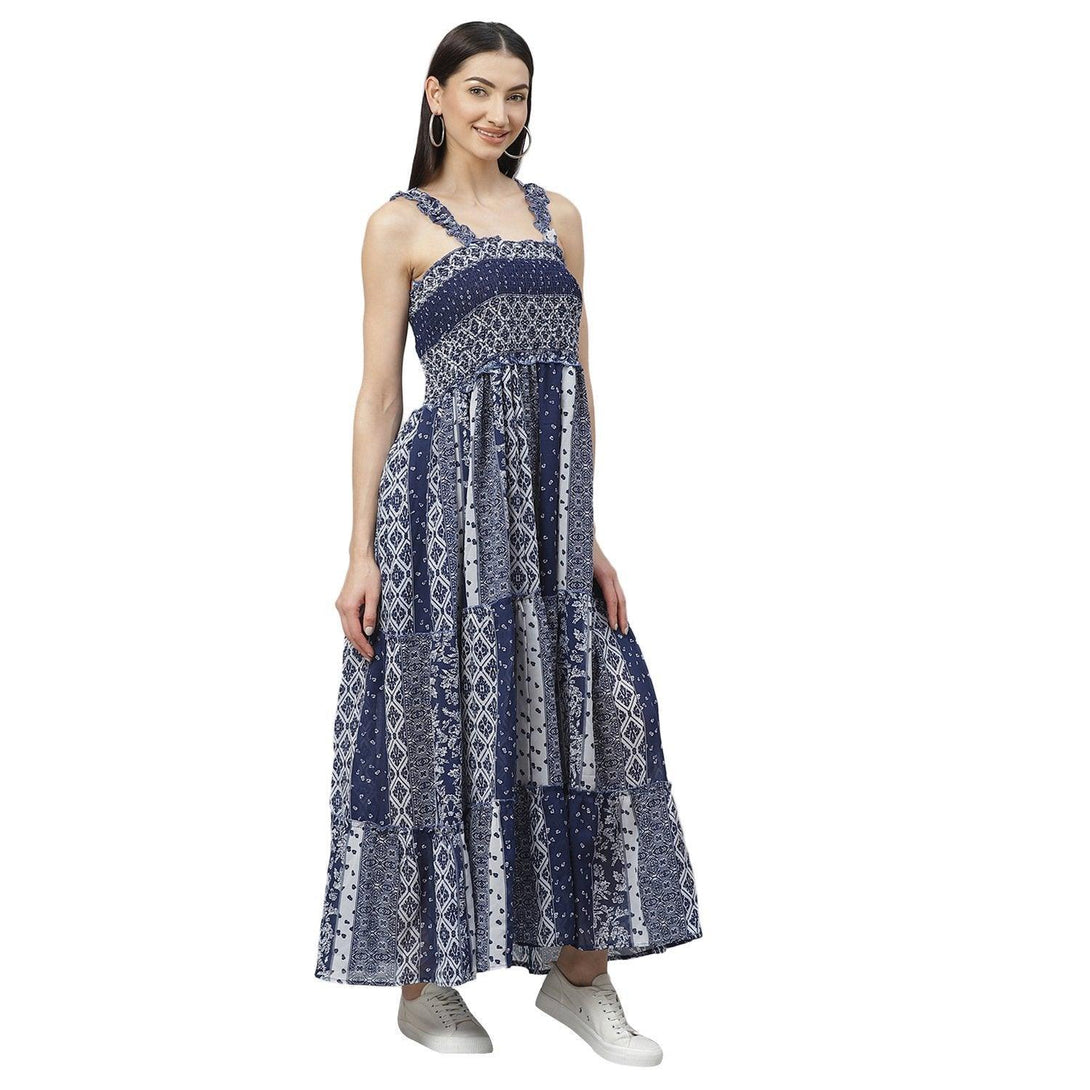 Women's Blue Georgette Polyester Printed Sleeveless Srep Neck Casual Dress - Myshka - Indiakreations