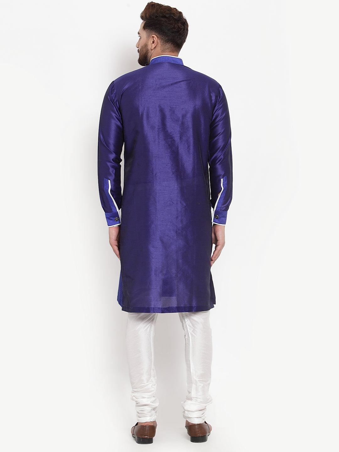 Men's Royal Blue Self Design Kurta With White Churidaar Pyjama - Benstoke - Indiakreations