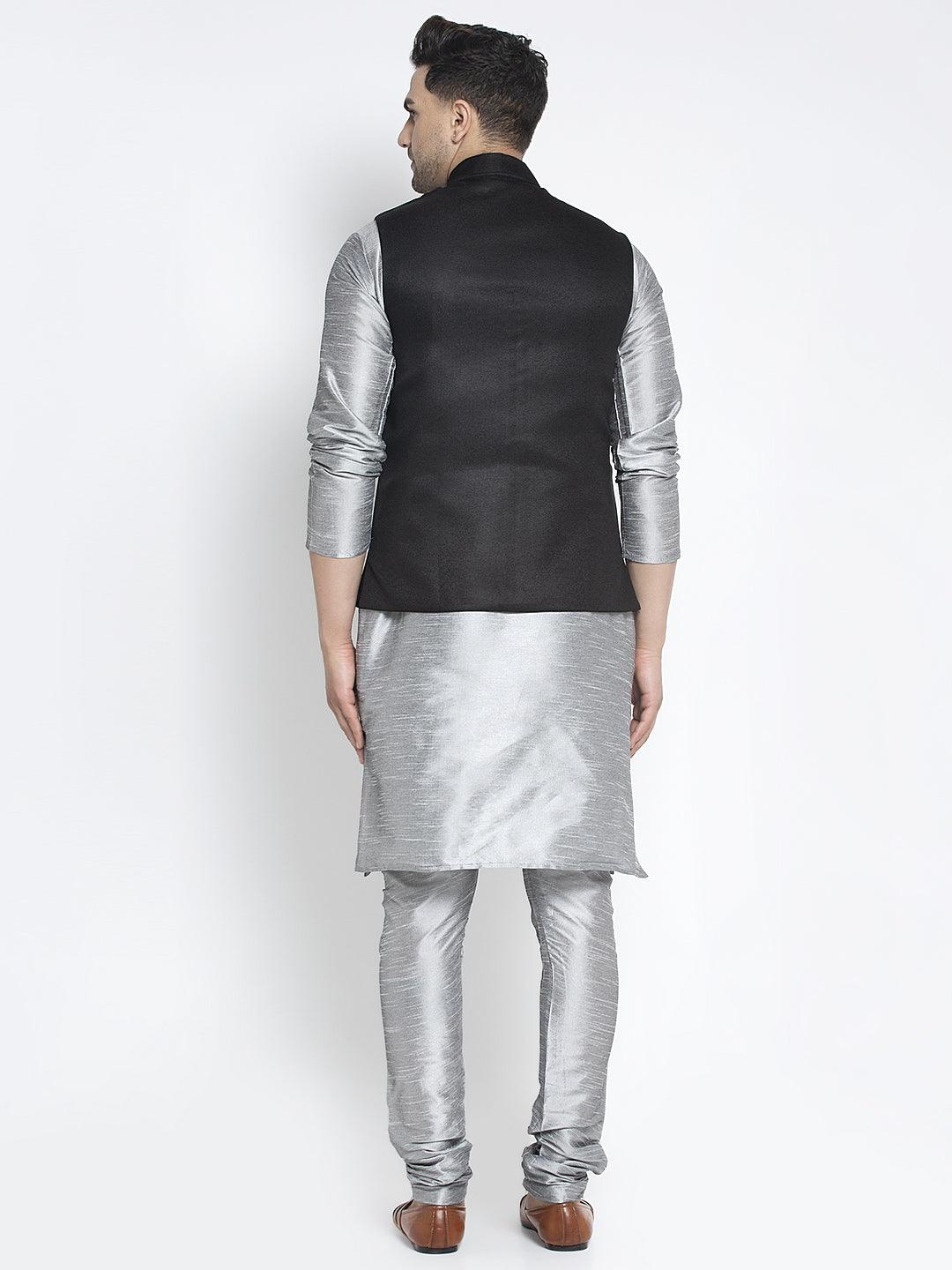 Men's Silk Blend Grey Kurta With Pyjama & Black Nehru Jacket - Benstoke - Indiakreations