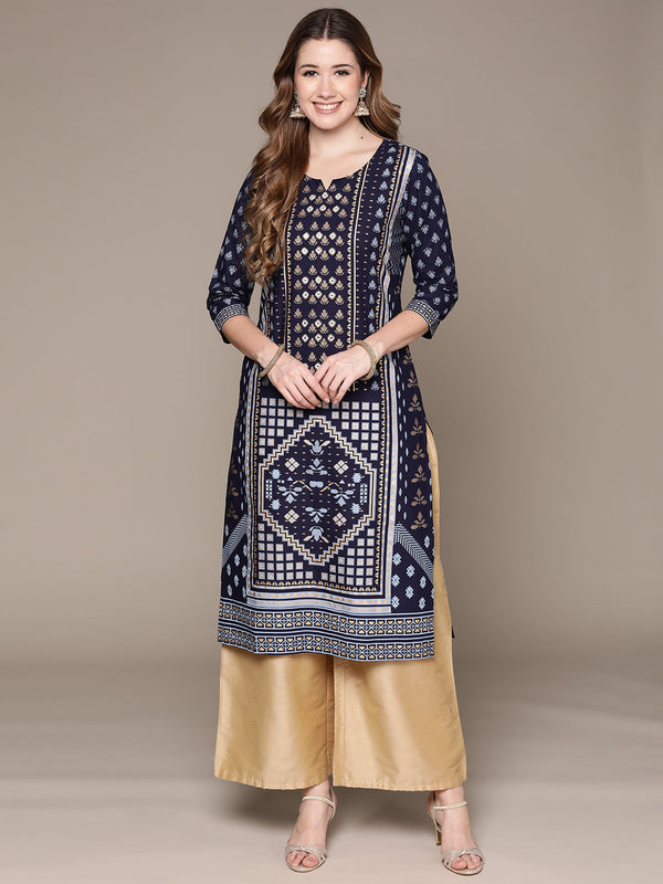 Women's Navy Blue Printed Mirror Work Kurta - Anubhutee