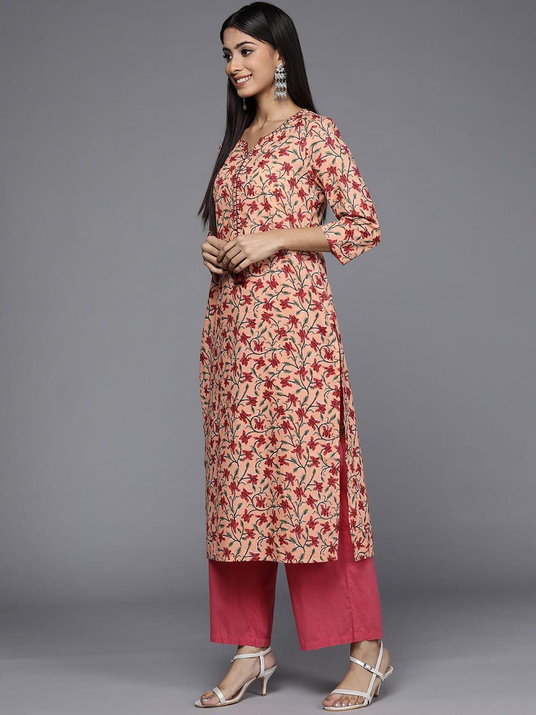 Varanga Women Peach-Coloured & Maroon Floral Printed Cotton Kurta - Indiakreations