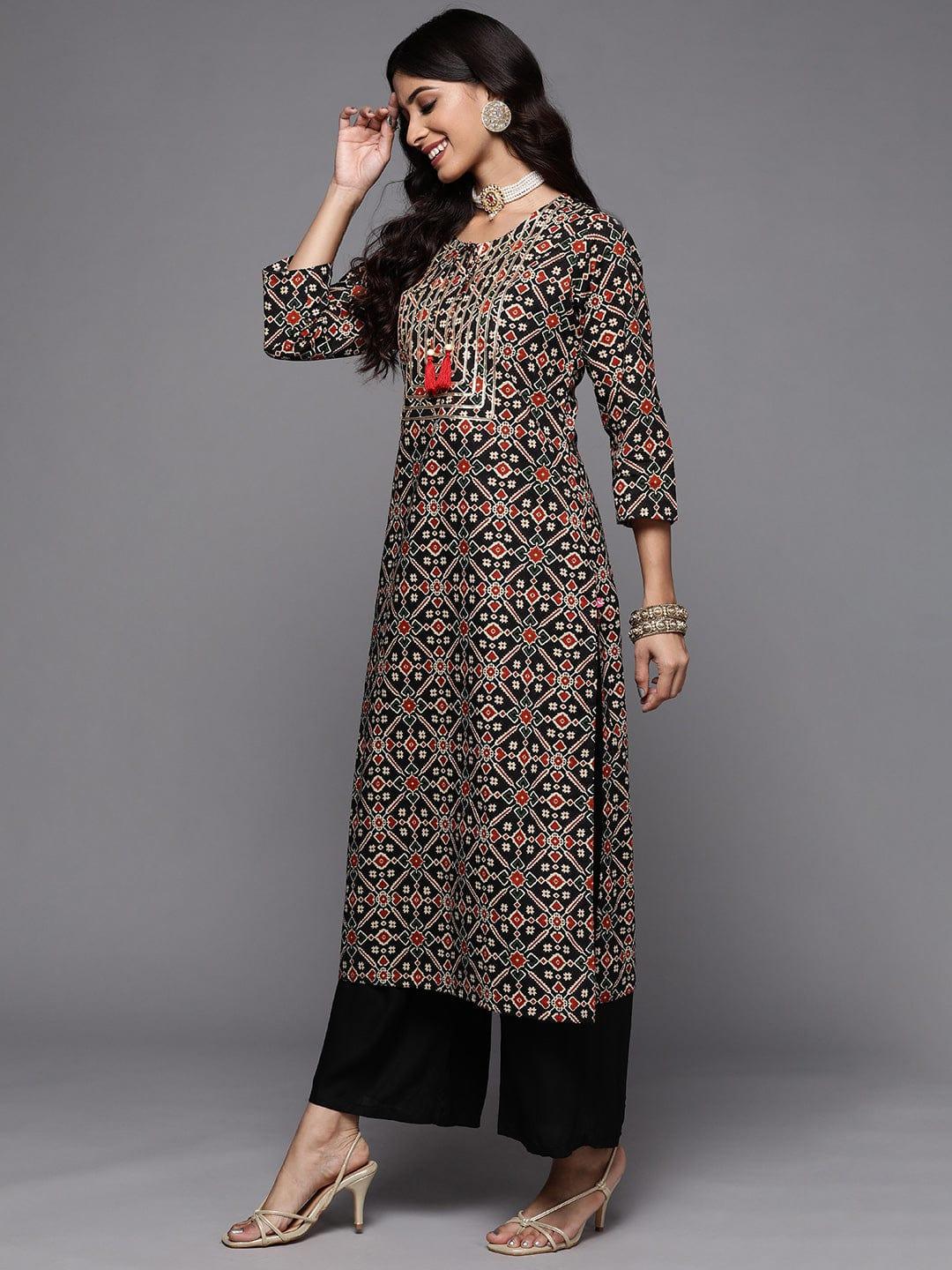 VARANGA Women Black & Gold-Toned Ethnic Motifs Printed Thread Work Indie Prints Kurta - Indiakreations