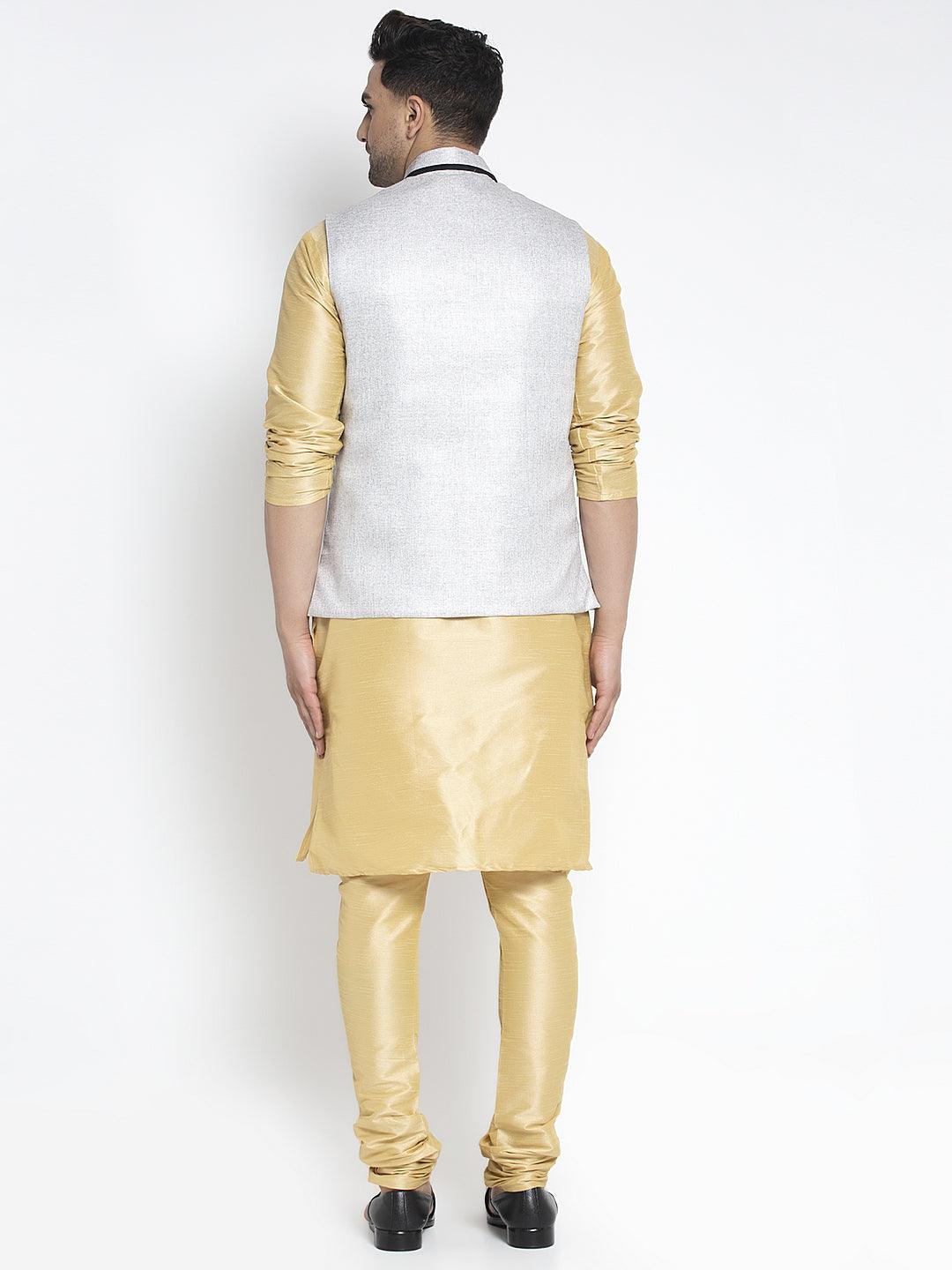 Men's Silk Blend Gold Kurta With Pyjama & Grey Nehru Jacket - Benstoke - Indiakreations