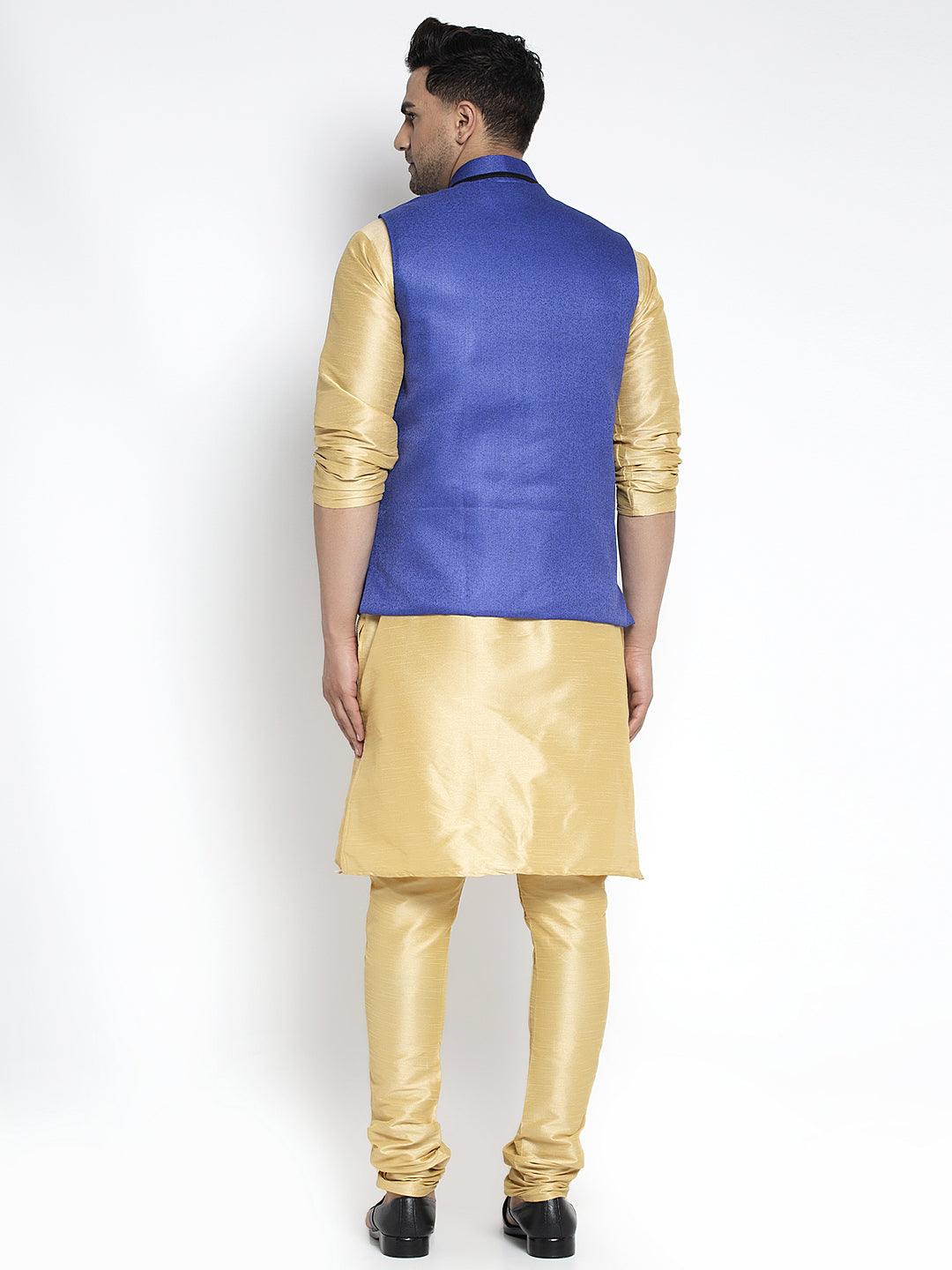 Men's Silk Blend Gold Kurta With Pyjama & Royal Blue Nehru Jacket - Benstoke - Indiakreations