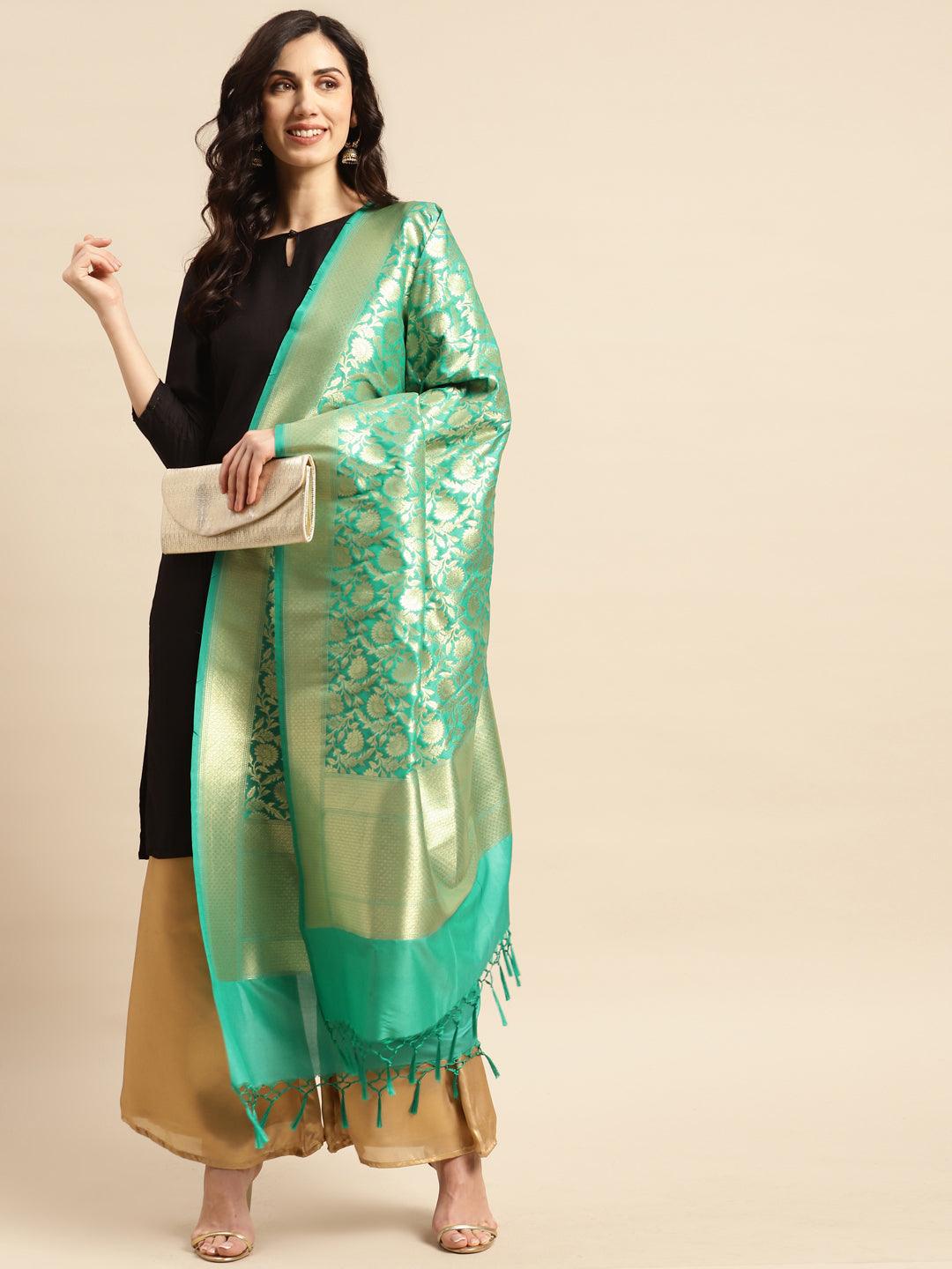 Women's Green Color Ethnic Motifs Woven Design Dupatta With Zari - Varanasi - Indiakreations