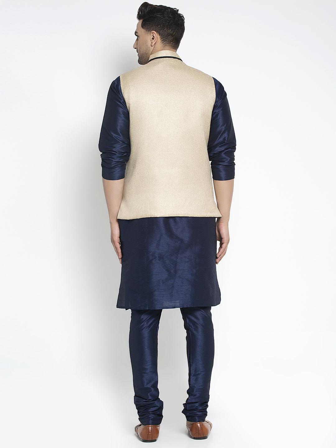 Men's Silk Blend Navy Blue Kurta With Pyjama & Beige Nehru Jacket - Benstoke - Indiakreations